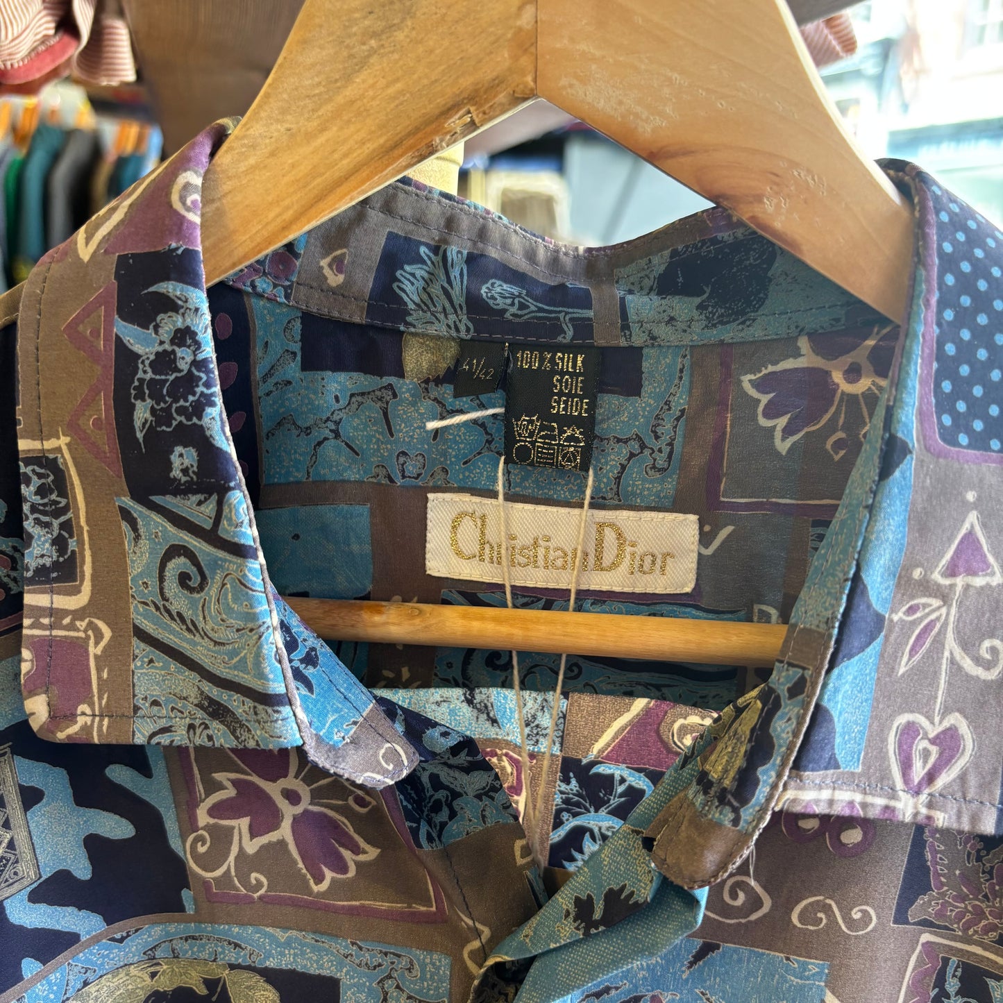 Christian Dior 90s Shortsleeve Funky Silk Shirt Blue (XL)