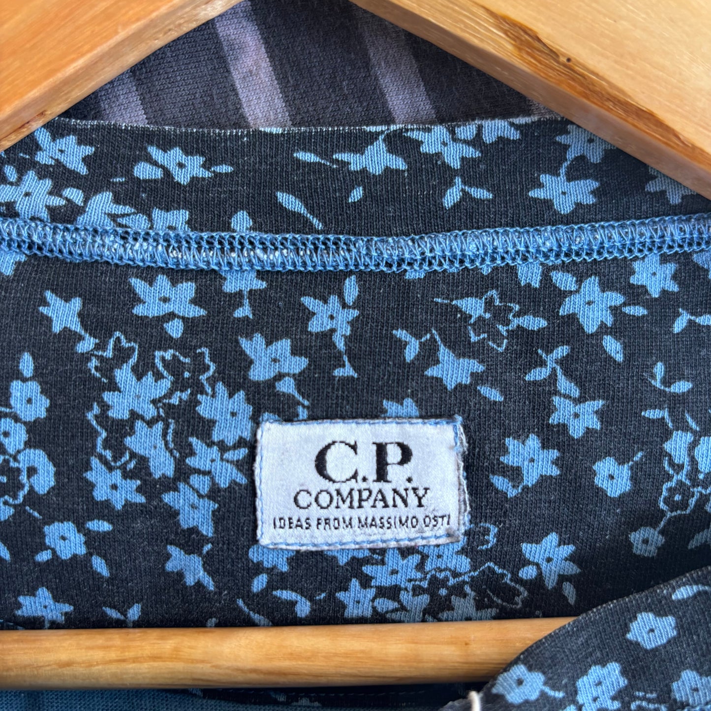 CP Company 80's Floral Henley T-Shirt Black/ Blue (Large)