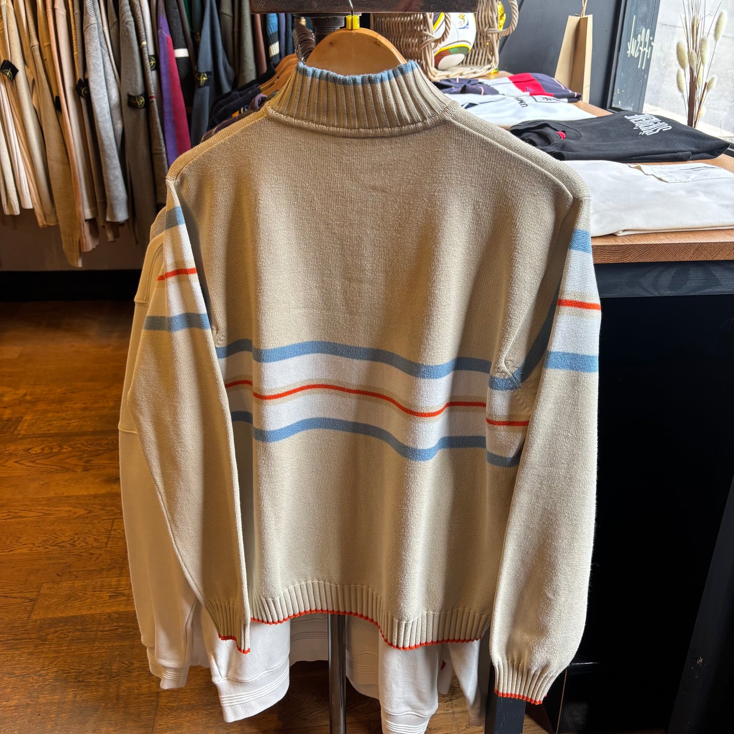 Lacoste Stripe Quarter Zip Knit Jumper Cream (Medium)