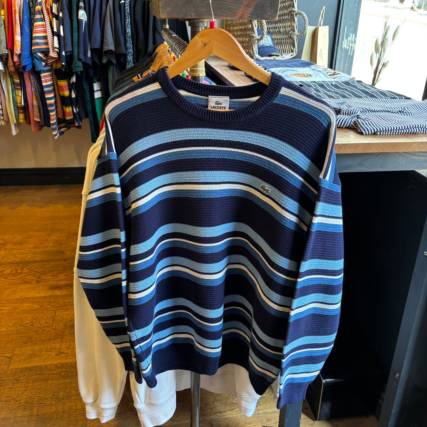 Lacoste Stripe Pullover Knit Jumper Navy Blue (Large)