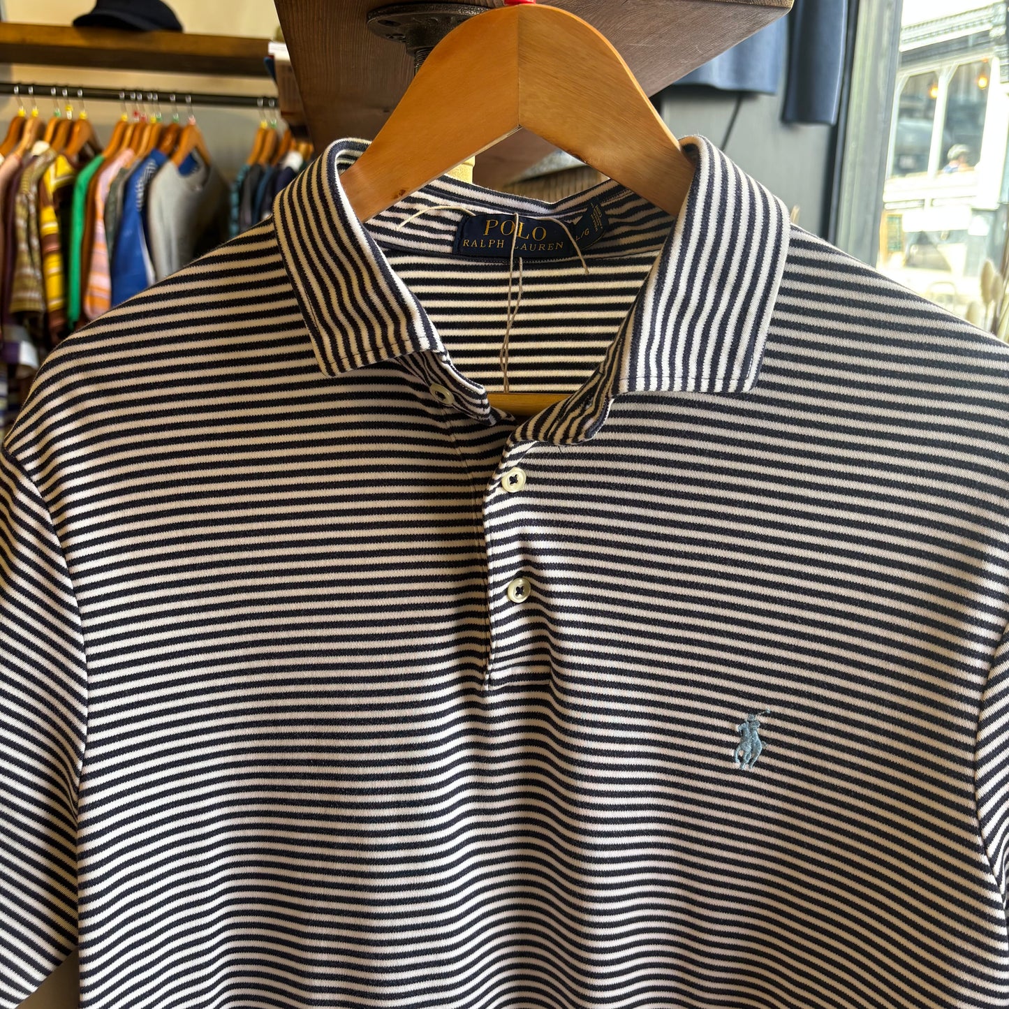 Ralph Lauren Mini Stripe Polo Shirt Navy/ White (Large)