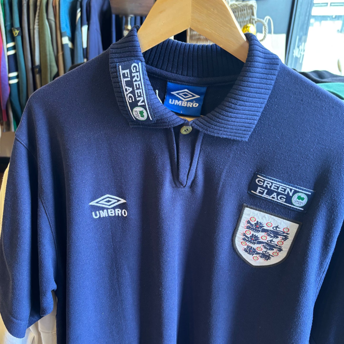 England Umbro 1996/98 Green Flag Polo Shirt Navy (Large)