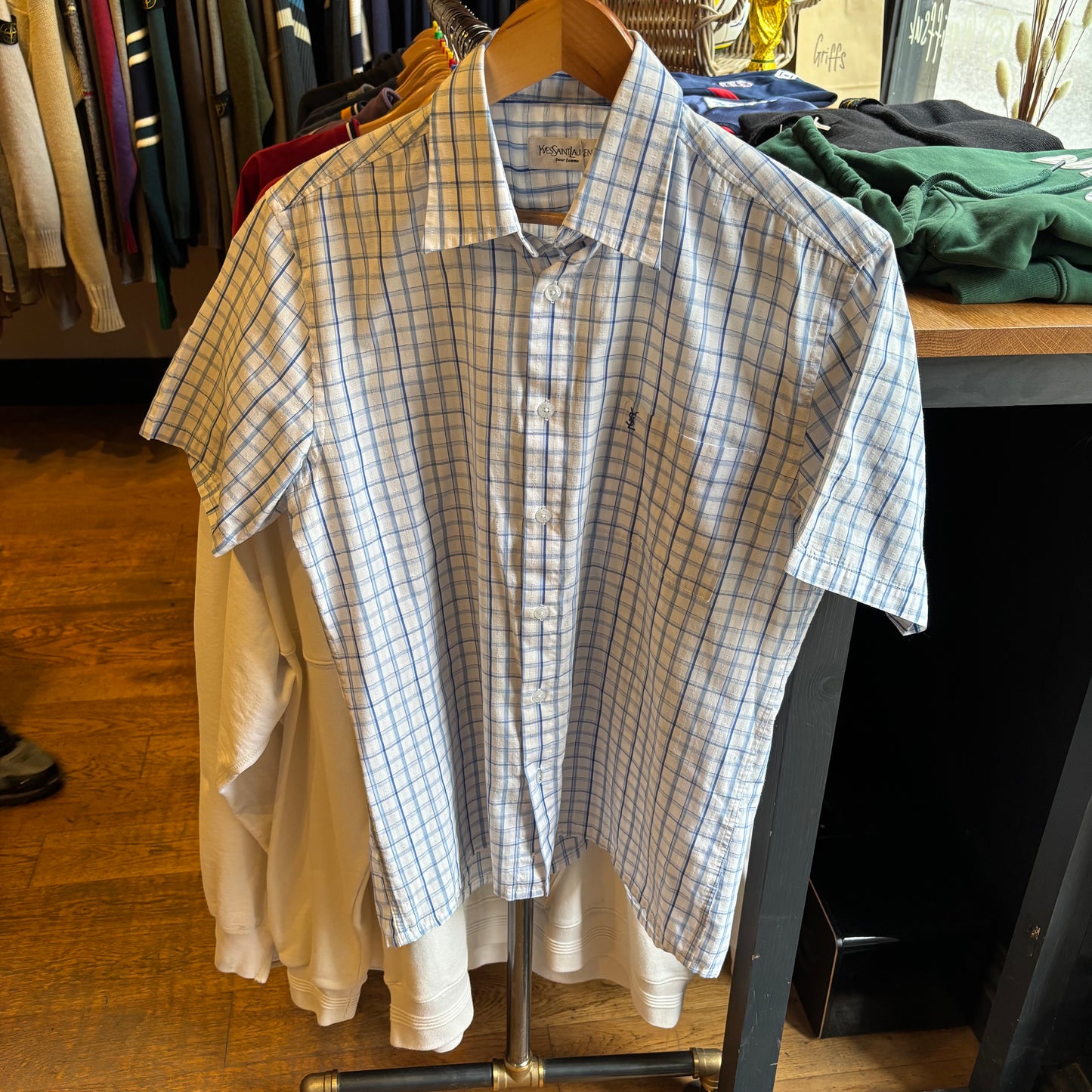 Yves Saint Laurent Plaid Button Up Shirt White (Medium)