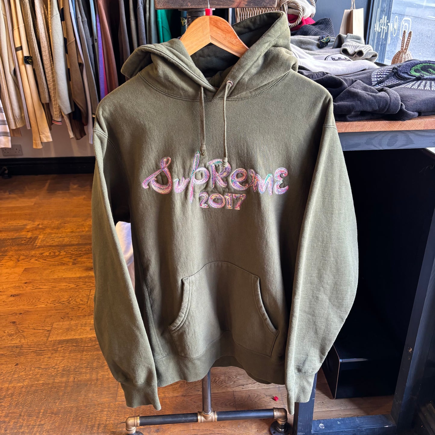 Supreme FW17 Brush Logo Hoodie Green (Large)