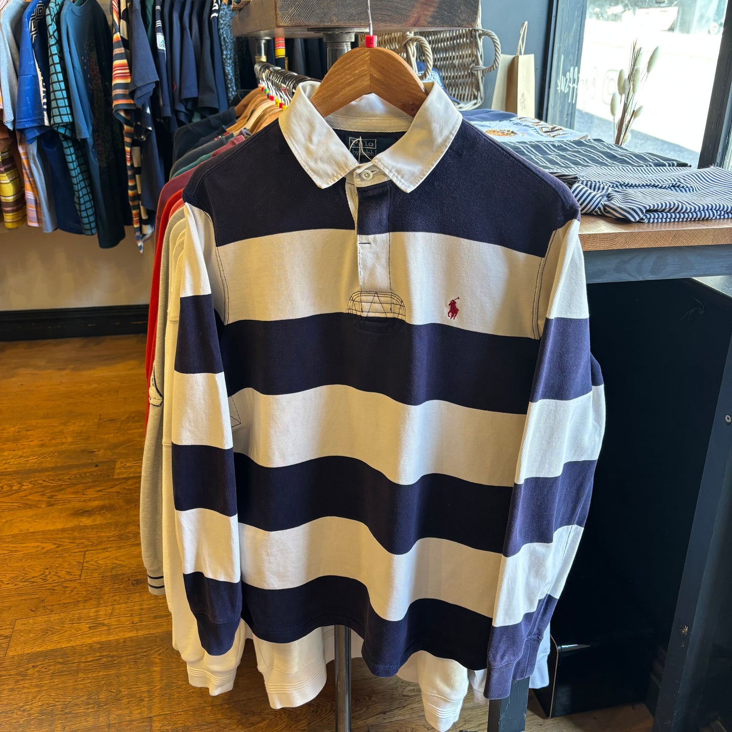 Ralph Lauren Stripe Longsleeve Rugby Shirt White/ Navy (Large)