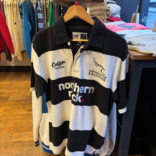 Newcastle Falcons Striped Rugby Polo Shirt Black/ White (Large)