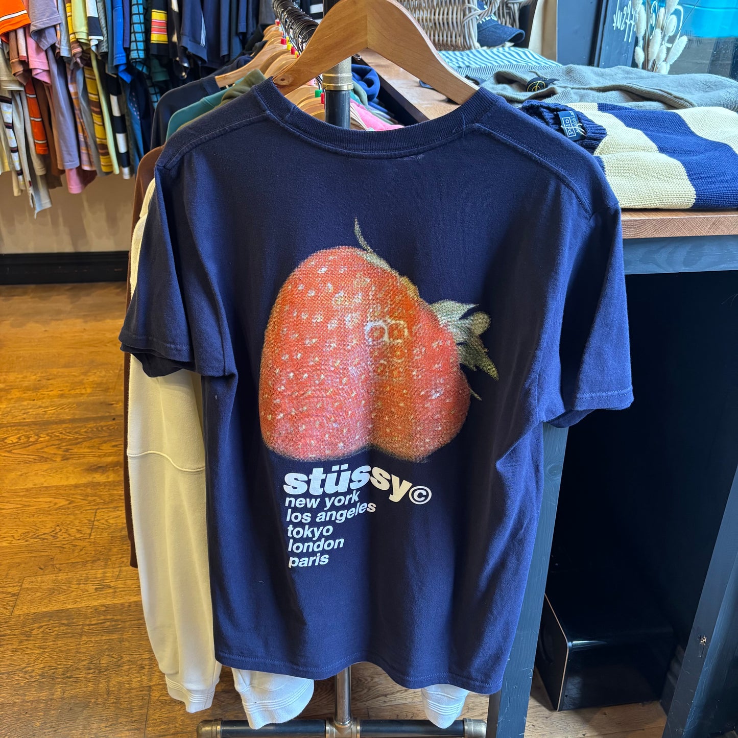 Stussy Strawberry Print T-Shirt Navy (Medium)