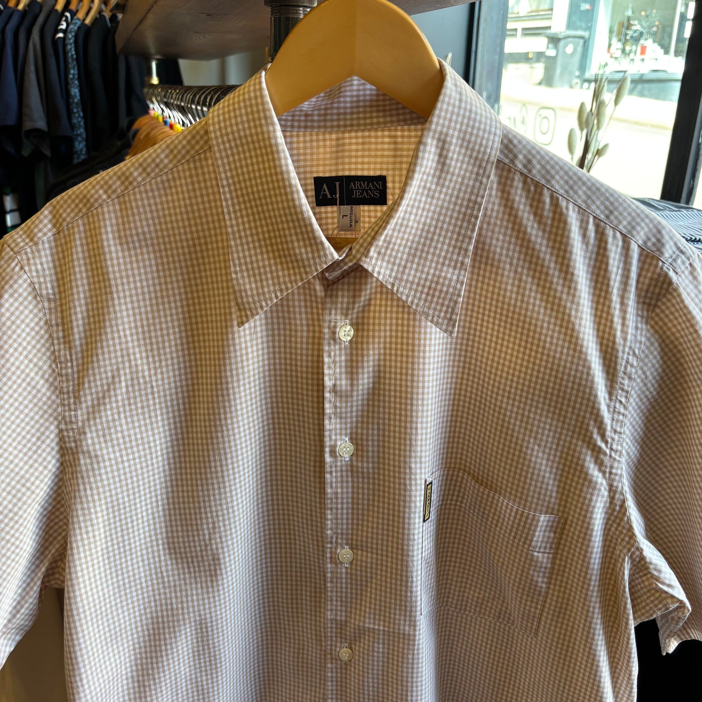Armani Jeans Plaid Button Up Shirt Beige/ White (Large)