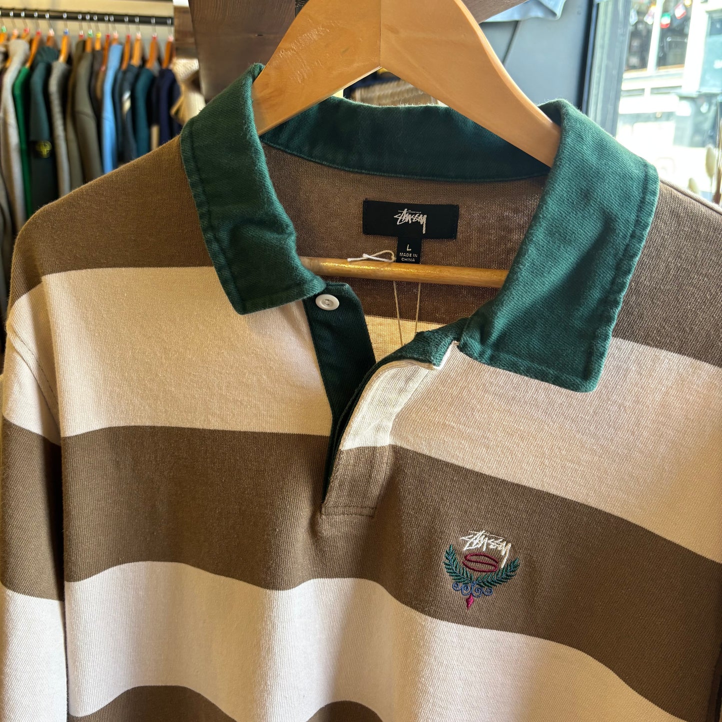 Stussy Big Stripe Longsleeve Rugby Polo Shirt Natural (Large)