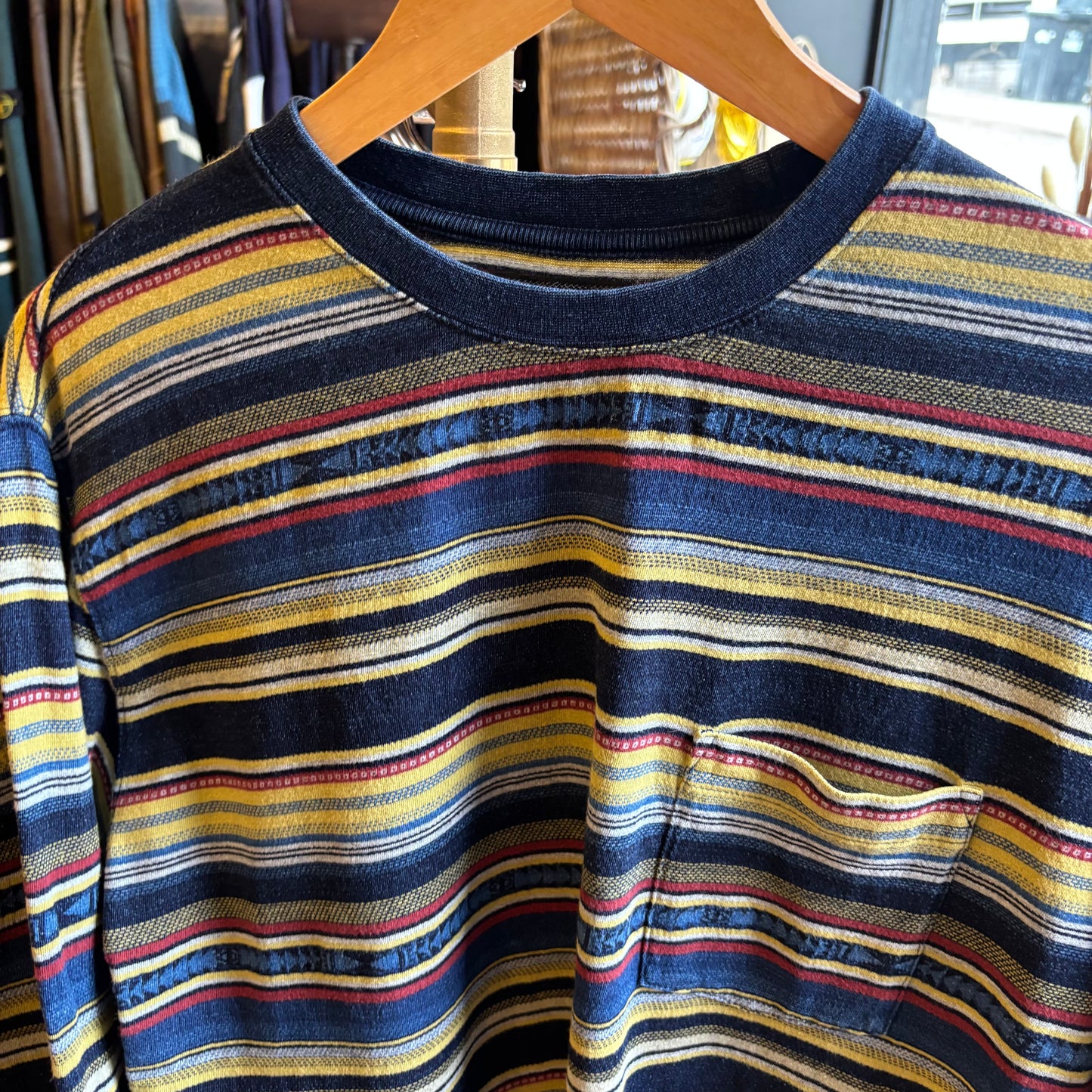 Beams Plus Pocket Jacquard Stripe Longleeve Blue (Large)