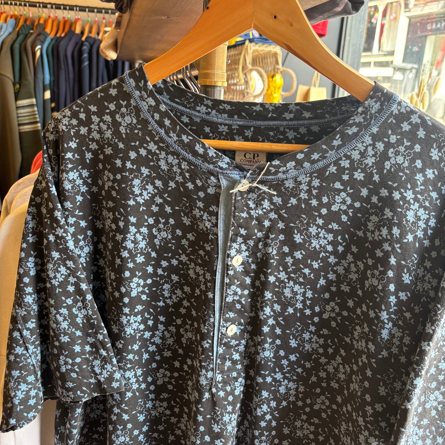 CP Company 80's Floral Henley T-Shirt Black/ Blue (Large)