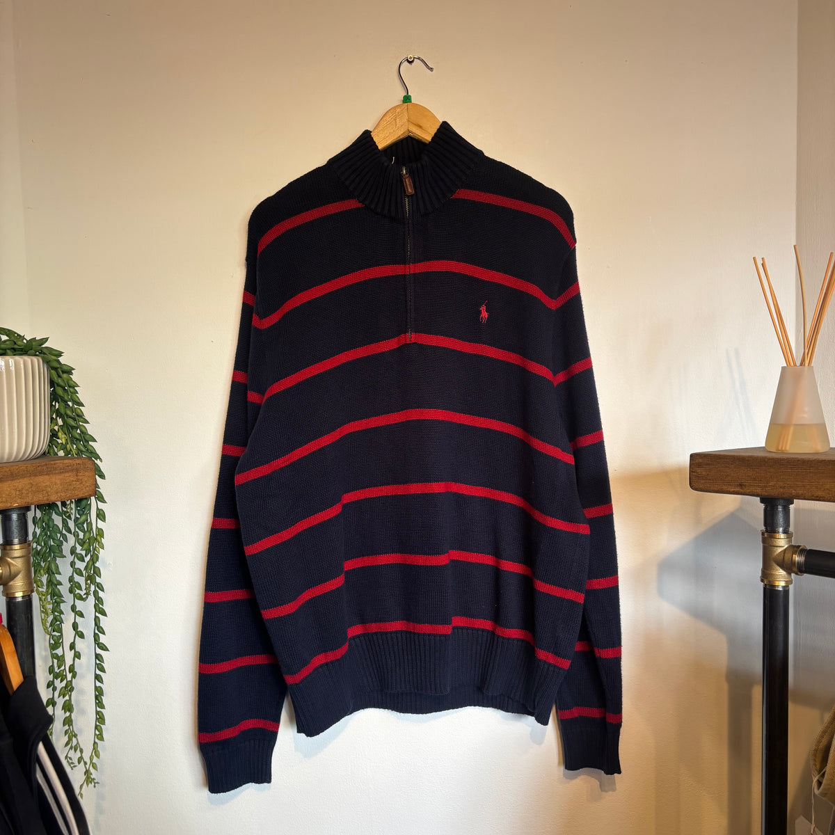 Ralph Lauren Stripe Quarter Zip Knit Jumper Navy/ Red (XL)