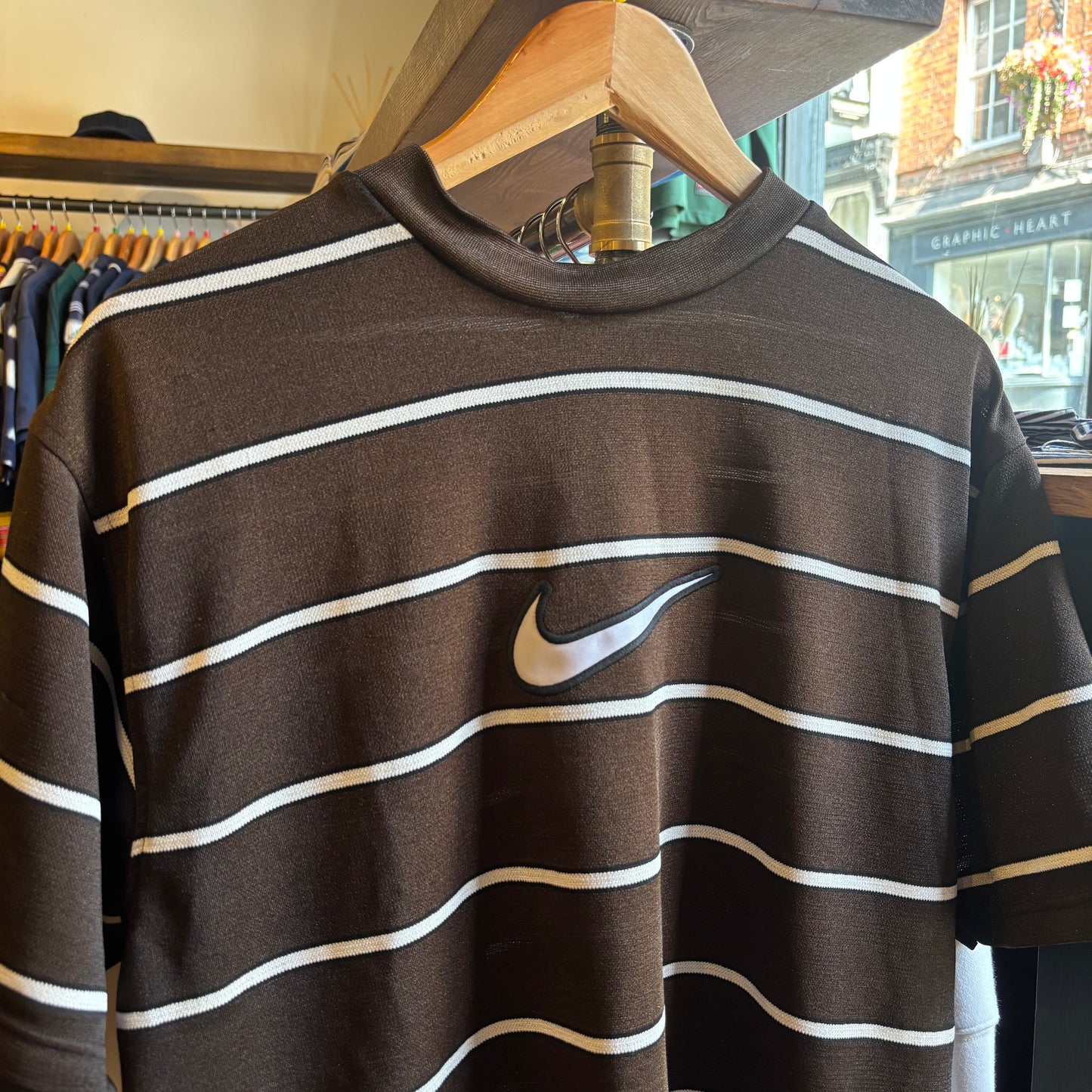 Nike 90s Centre Swoosh Striped T-Shirt Brown (Medium)