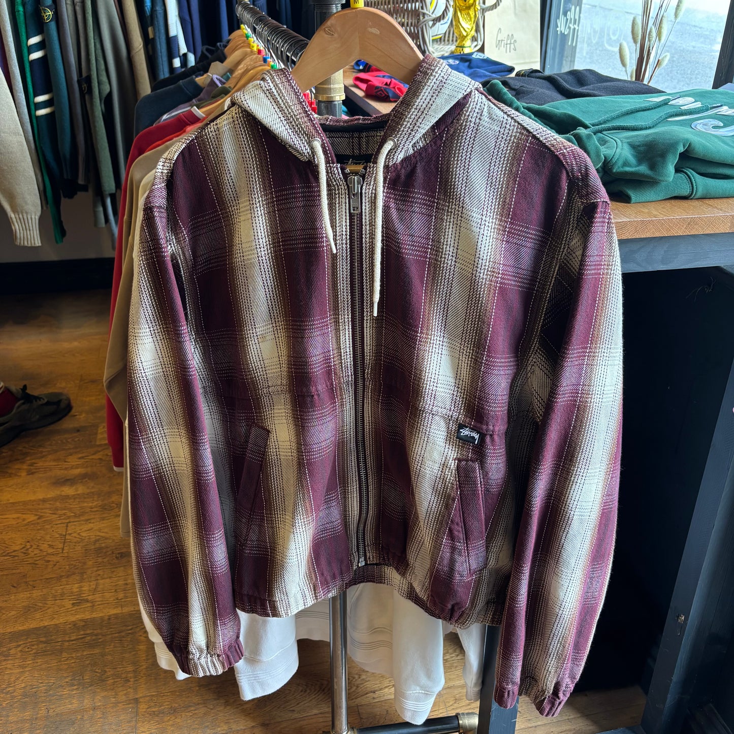 Stussy Shadow Plaid Zip Work Jacket Burgundy (Medium)