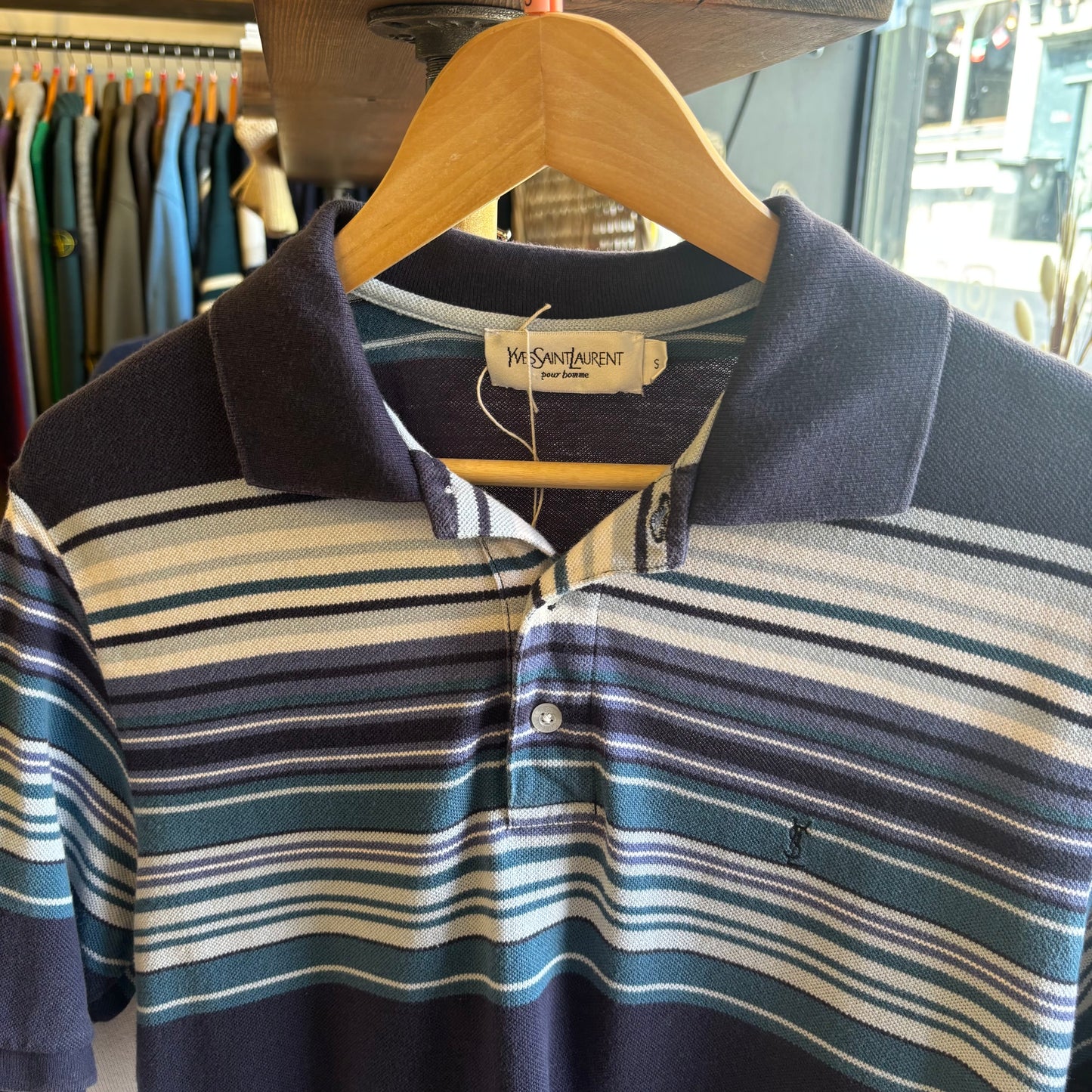 Yves Saint Laurent Stripe Polo Shirt Blue (Small)