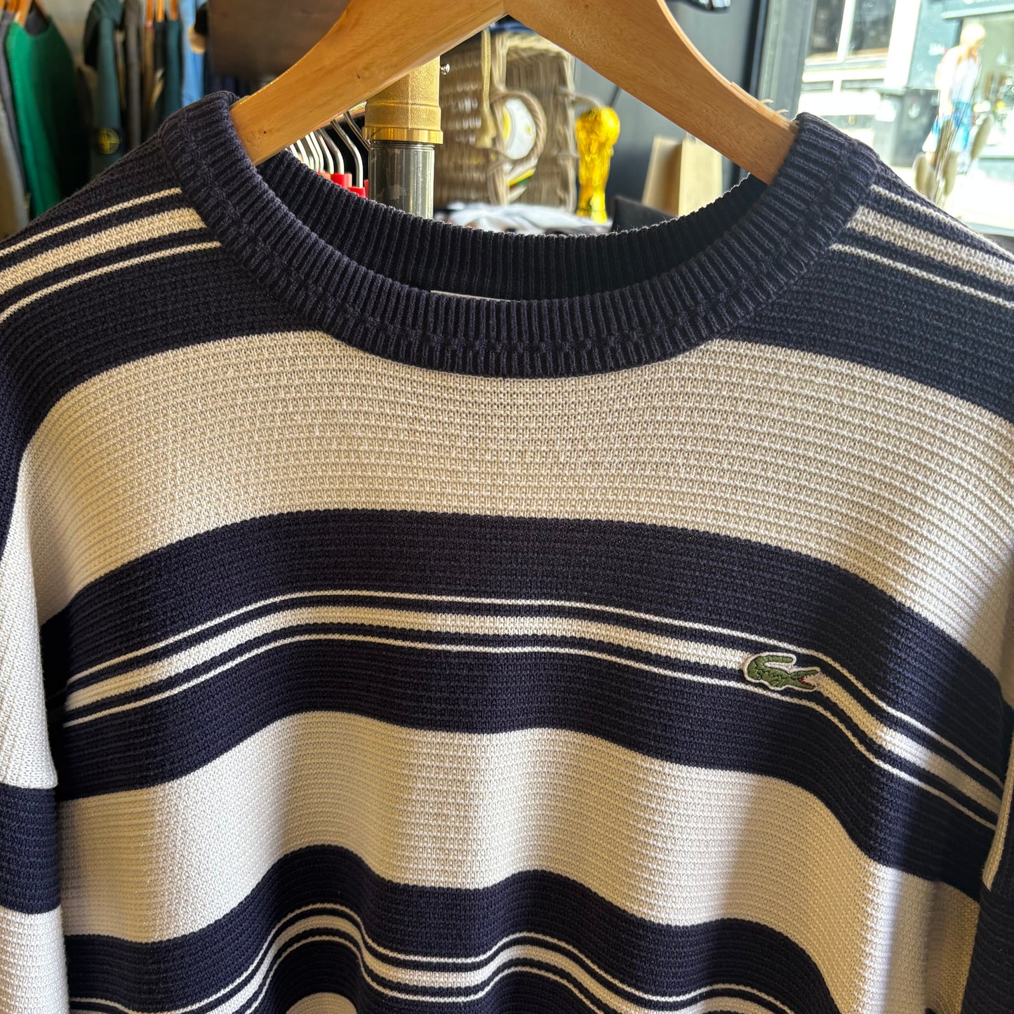 Lacoste Stripe Pullover Knit Jumper White/ Navy (XL)