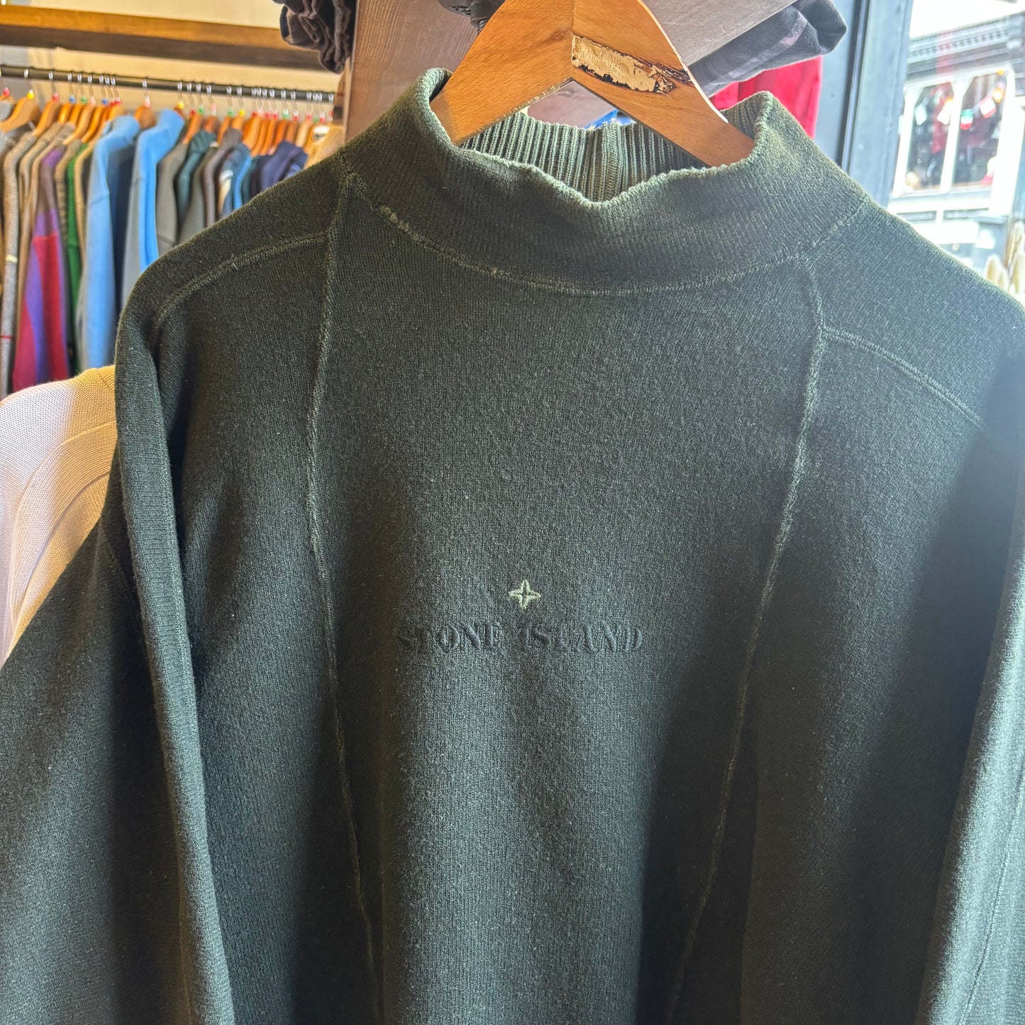 Stone Island 1987 Spellout Oversized Mock Neck Jumper Green (Medium)