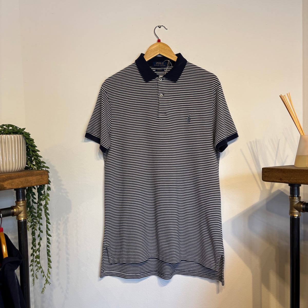 Ralph Lauren Mini Stripe Polo Shirt Navy/ White (Large)