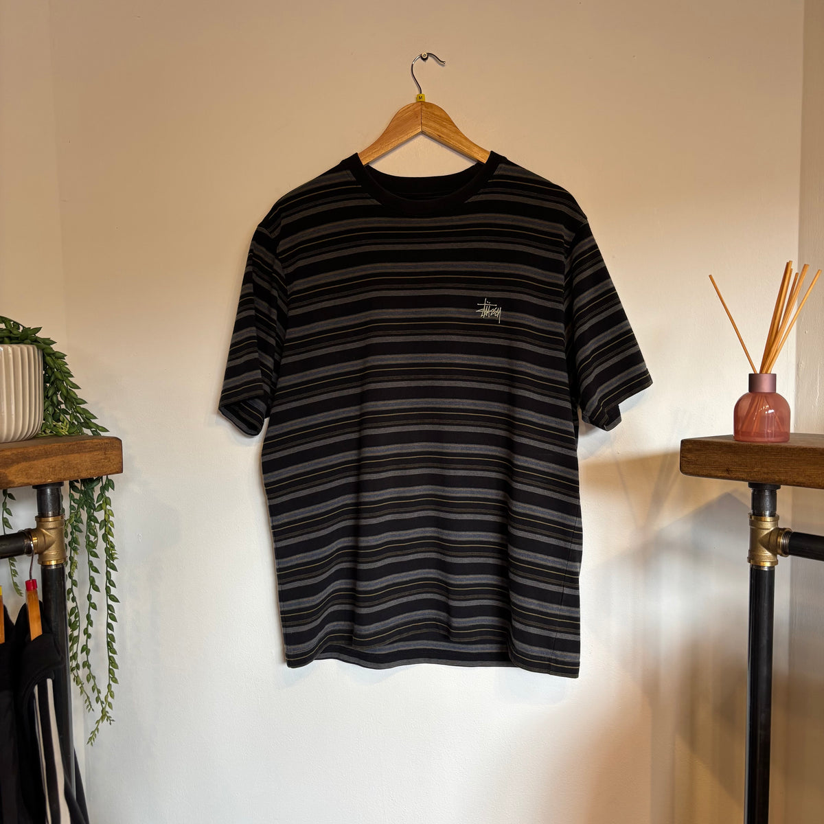 Stussy Heather Stripe Crew T-Shirt Black (Medium)