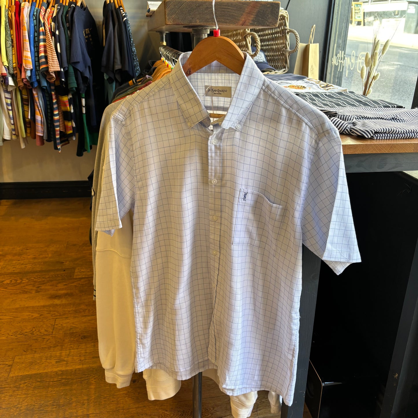 Yves Saint Laurent Plaid Button Shirt White/ Blue (Large)