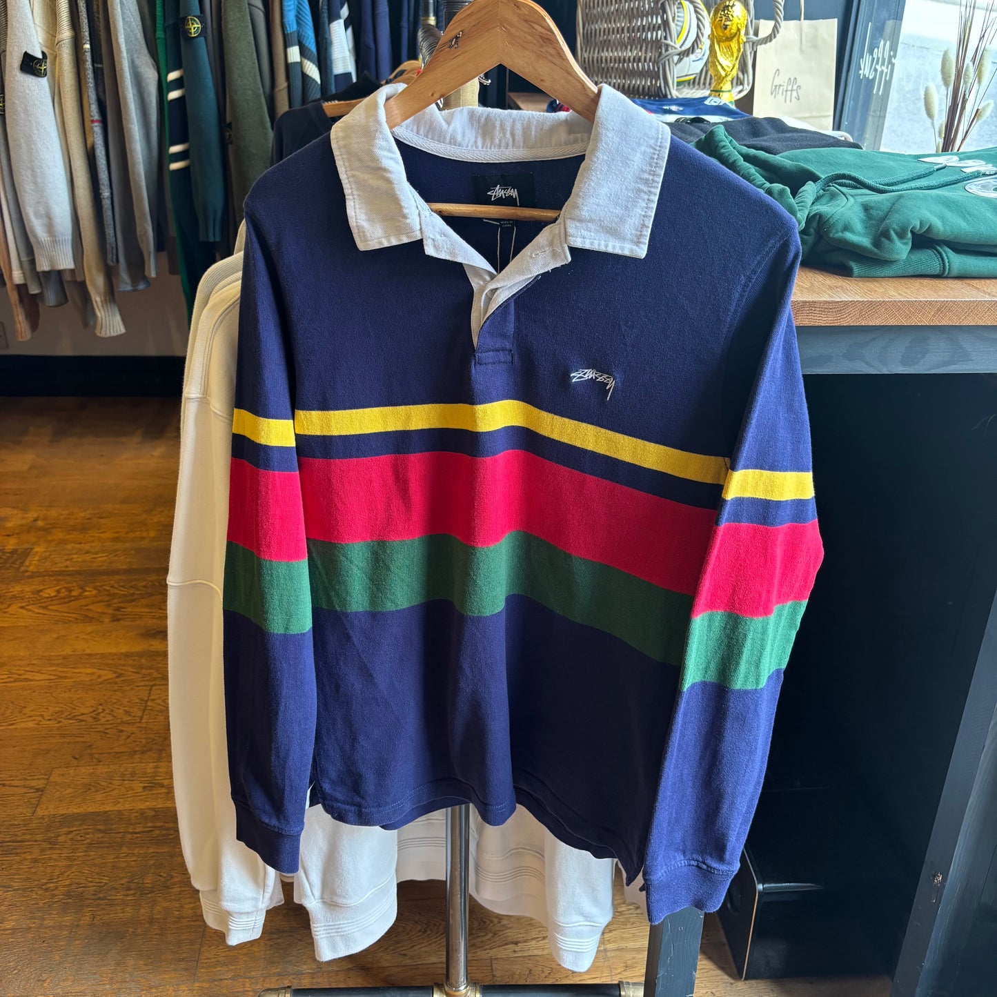 Stussy Lucas Stripe Rugby Polo Shirt Navy (Small)