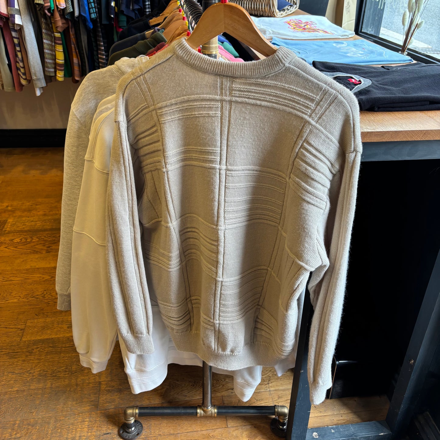 Lacoste Pattern Ribbed Pullover Knit Jumper Beige (Large)
