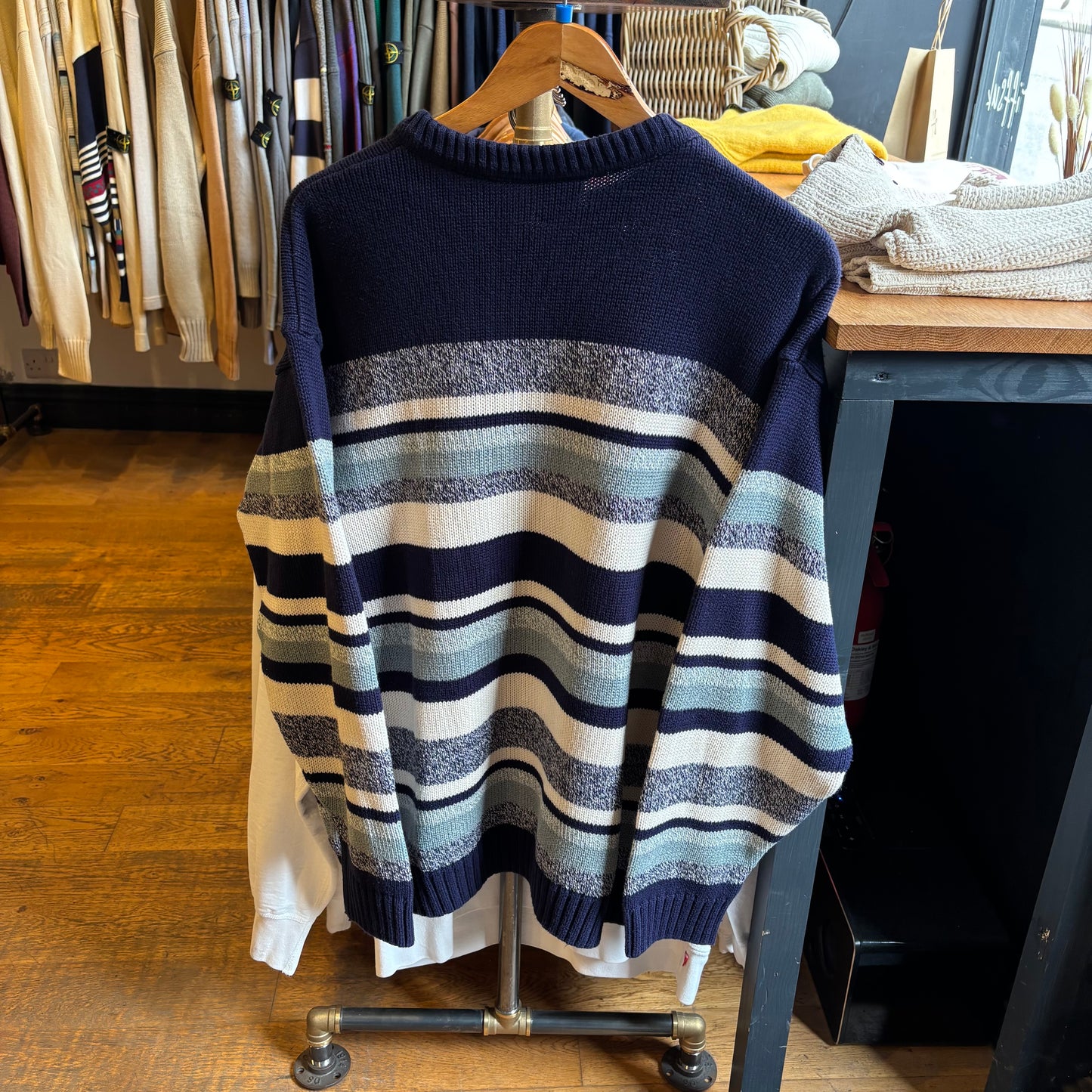 Lacoste Stripe Pullover Chunky Knit Jumper Navy/ Grey (XXL)
