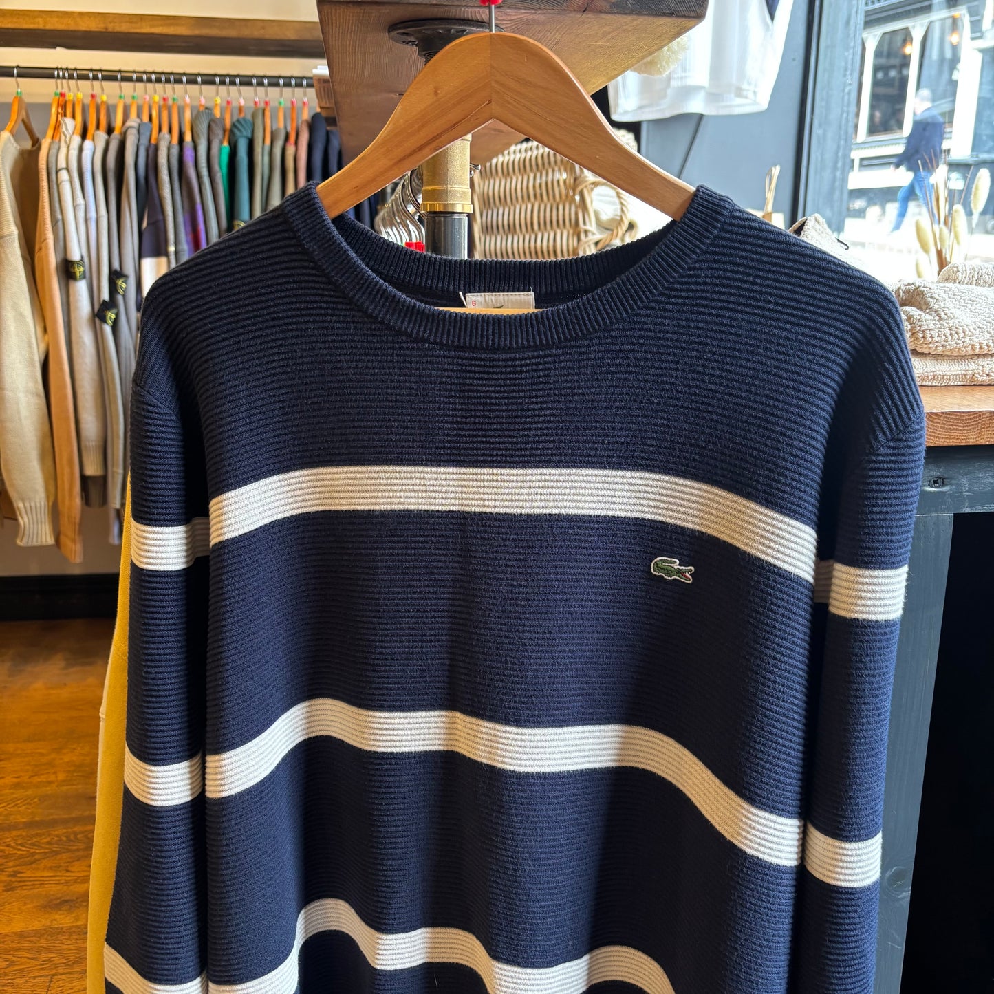 Lacoste Stripe Pullover Knit Jumper Navy/ White (Large)