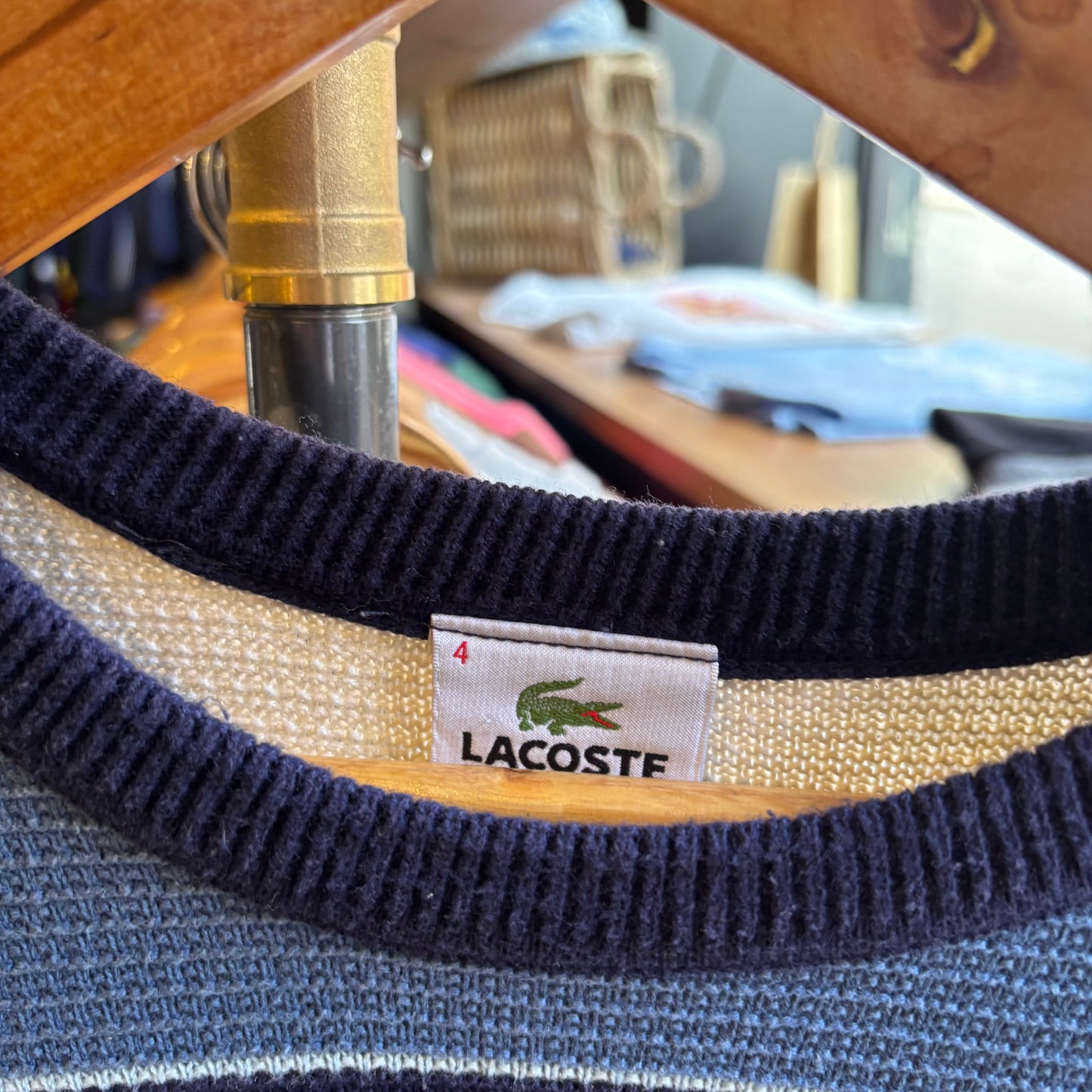 Lacoste Stripe Pullover Knit Jumper Blue/ Cream (Medium)