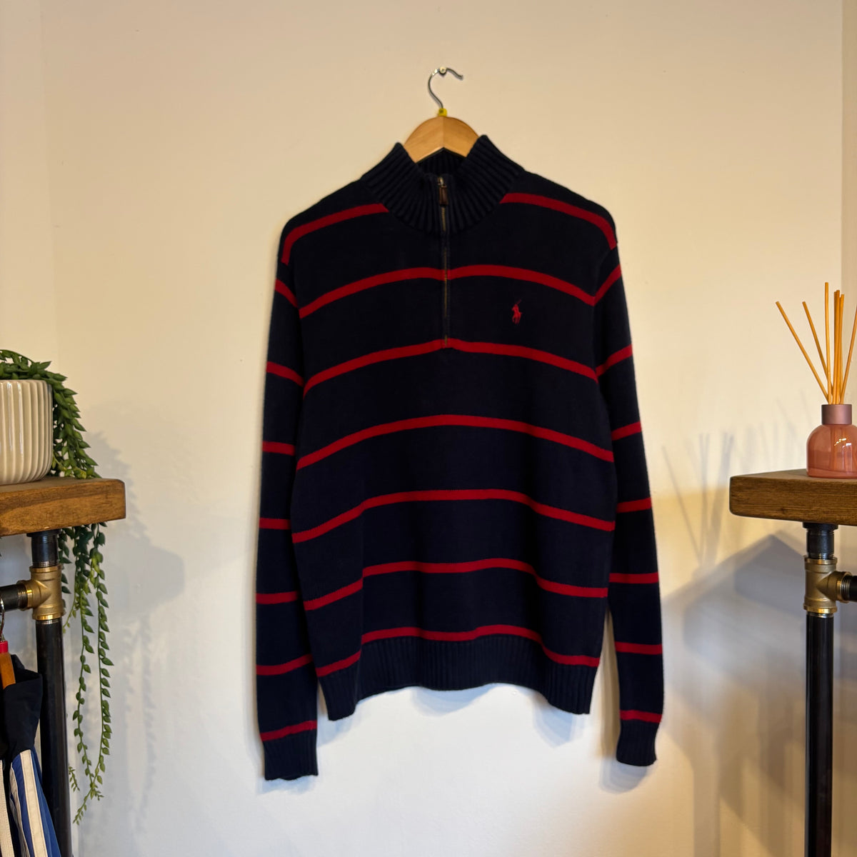 Ralph Lauren Stripe Quarter Zip Knit Jumper Navy/ Red (Medium)