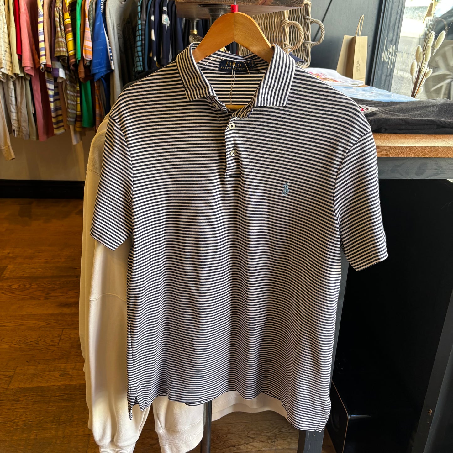Ralph Lauren Mini Stripe Polo Shirt Navy/ White (Large)
