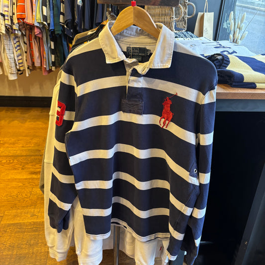 Ralph Lauren Longsleeve Rugby Polo Shirt Navy/ White (Large)