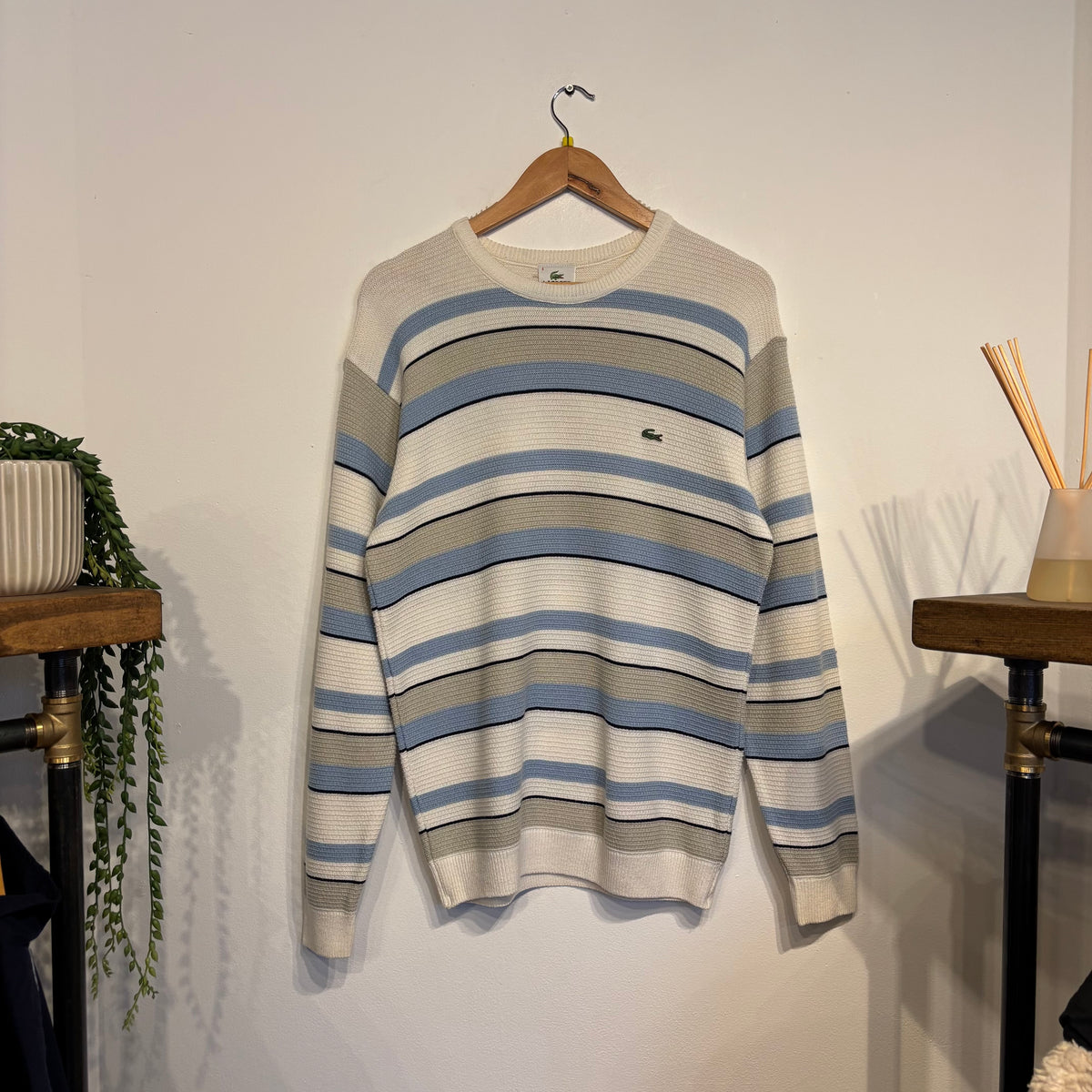 Lacoste Stripe Pullover Knit Jumper White/ Blue (Medium)