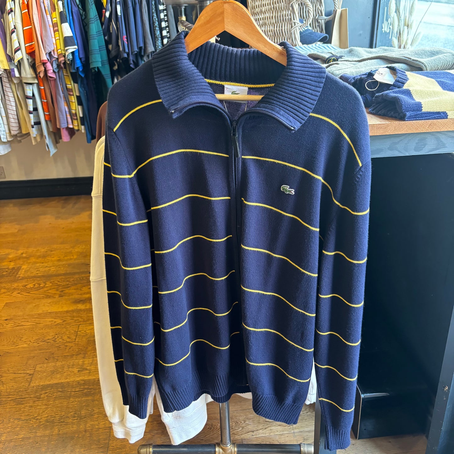 Lacoste Stripe Full Zip Knit Jumper Navy/ Yellow (XL)
