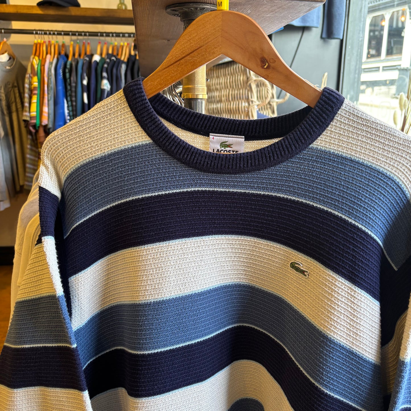 Lacoste Stripe Pullover Knit Jumper Blue/ Cream (Medium)