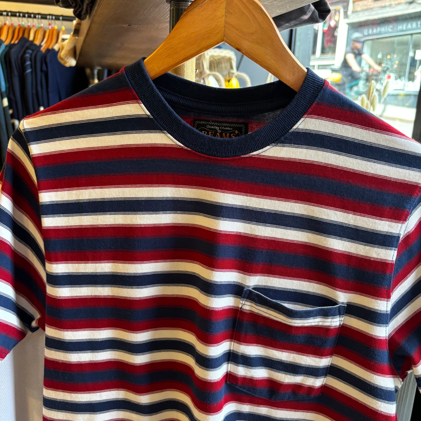 Beams Plus Striped Pocket T-Shirt Blue/ Red (Small)