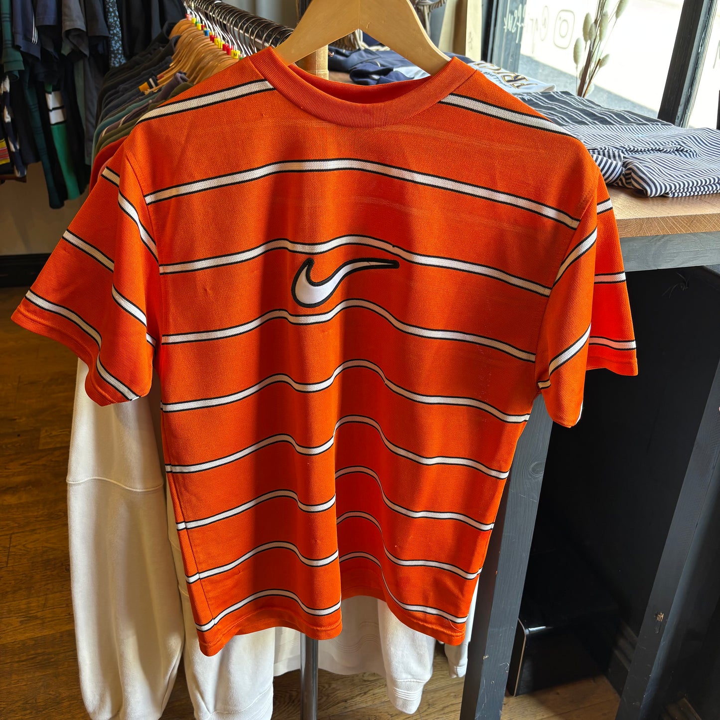 Nike 90s Centre Swoosh Striped T-Shirt Orange (Small)