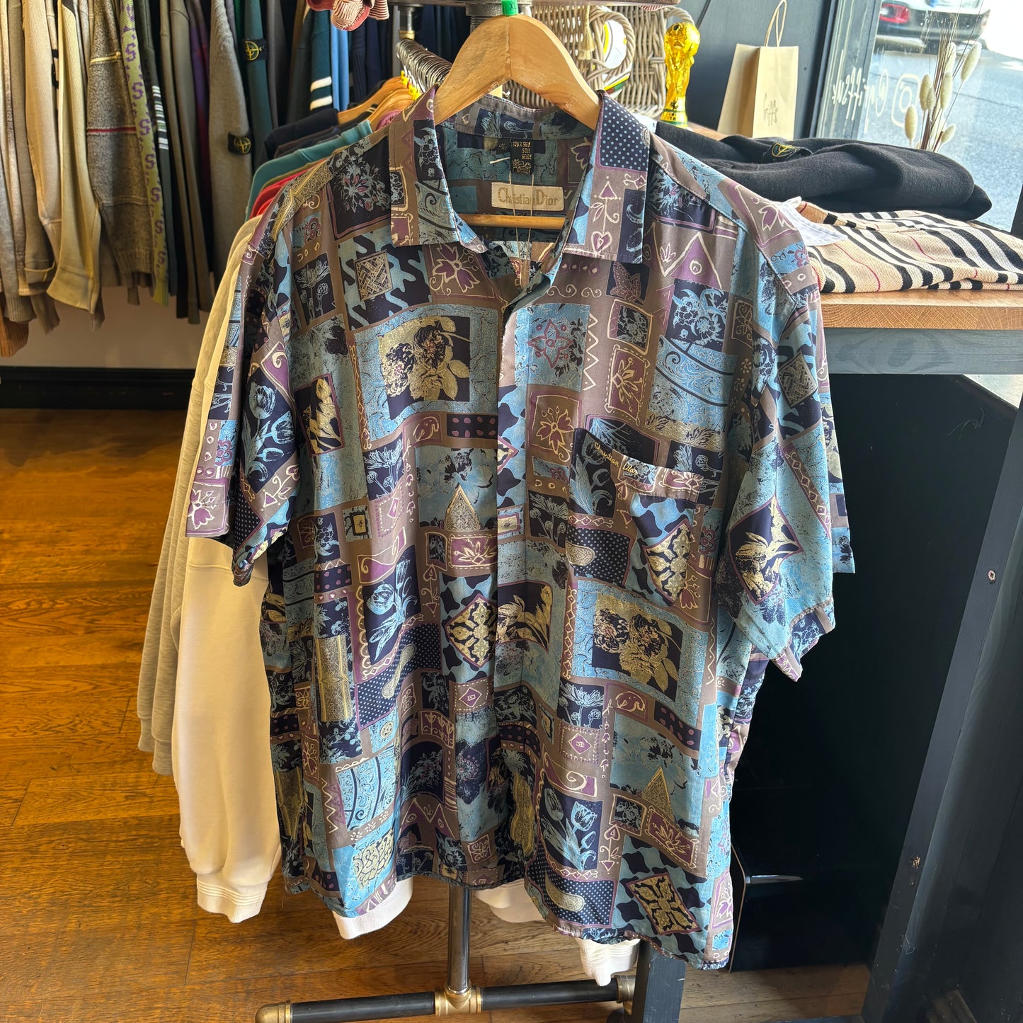 Christian Dior 90s Shortsleeve Funky Silk Shirt Blue (XL)