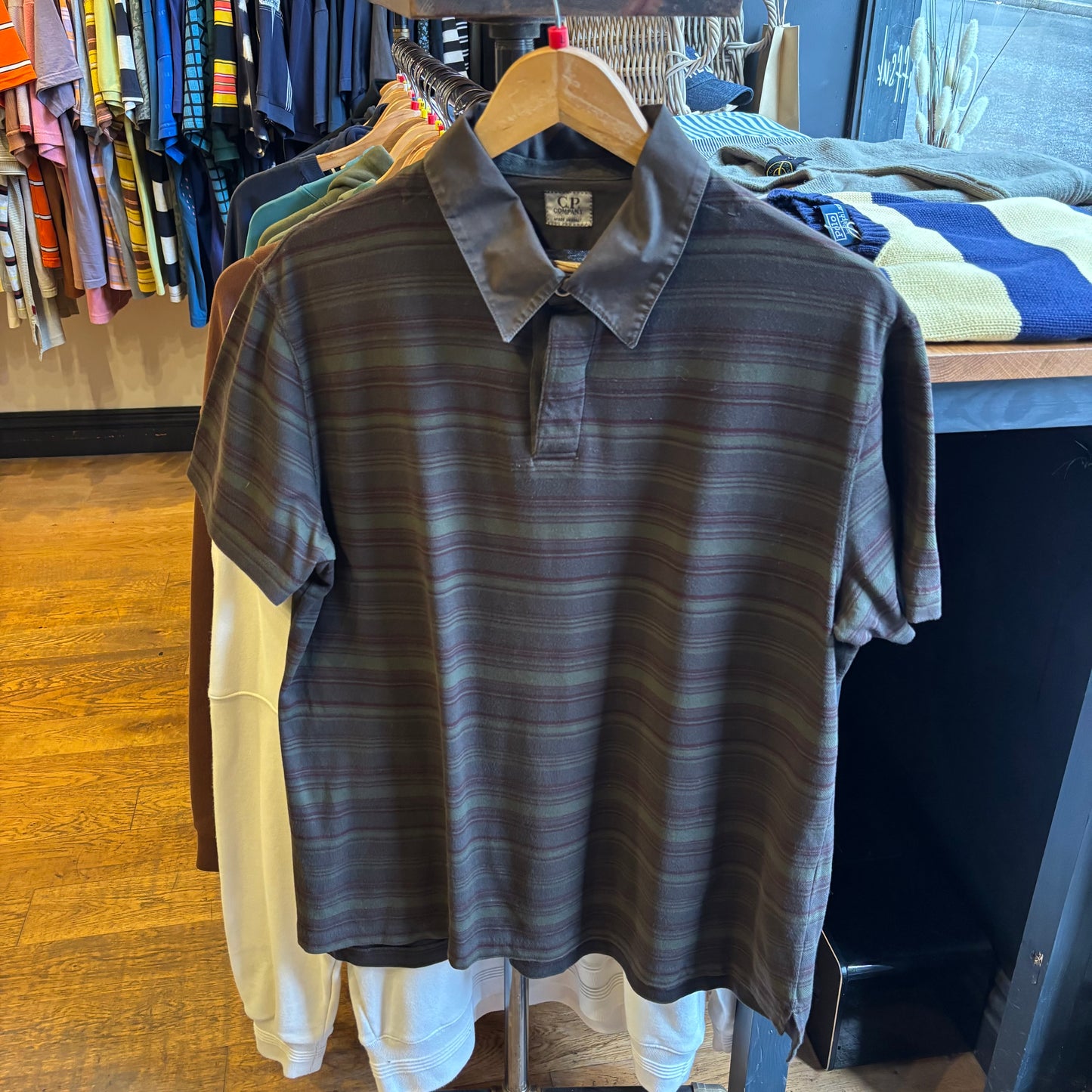 CP Company S/S 2002 Striped Polo Shirt Green (Large)