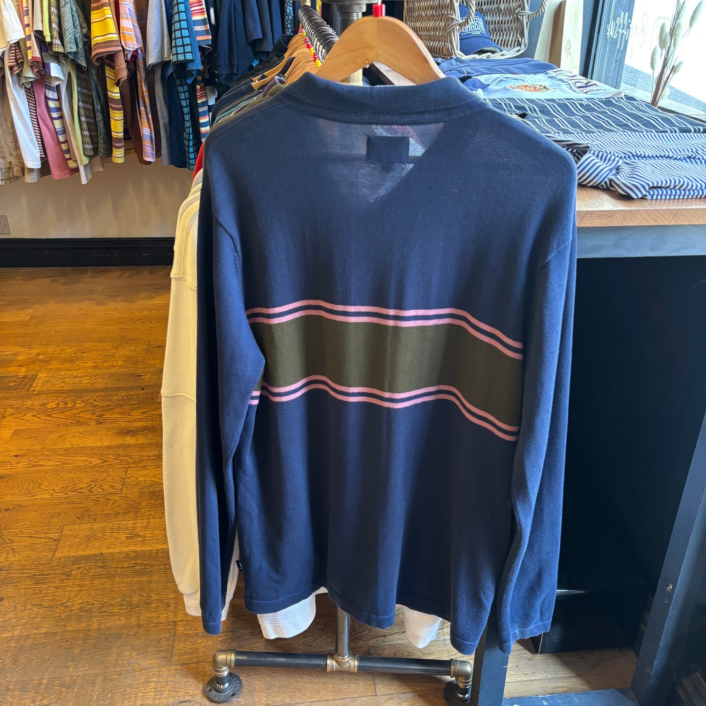 Stussy Cody Stripe Longsleeve Polo Sweater Navy (Large)