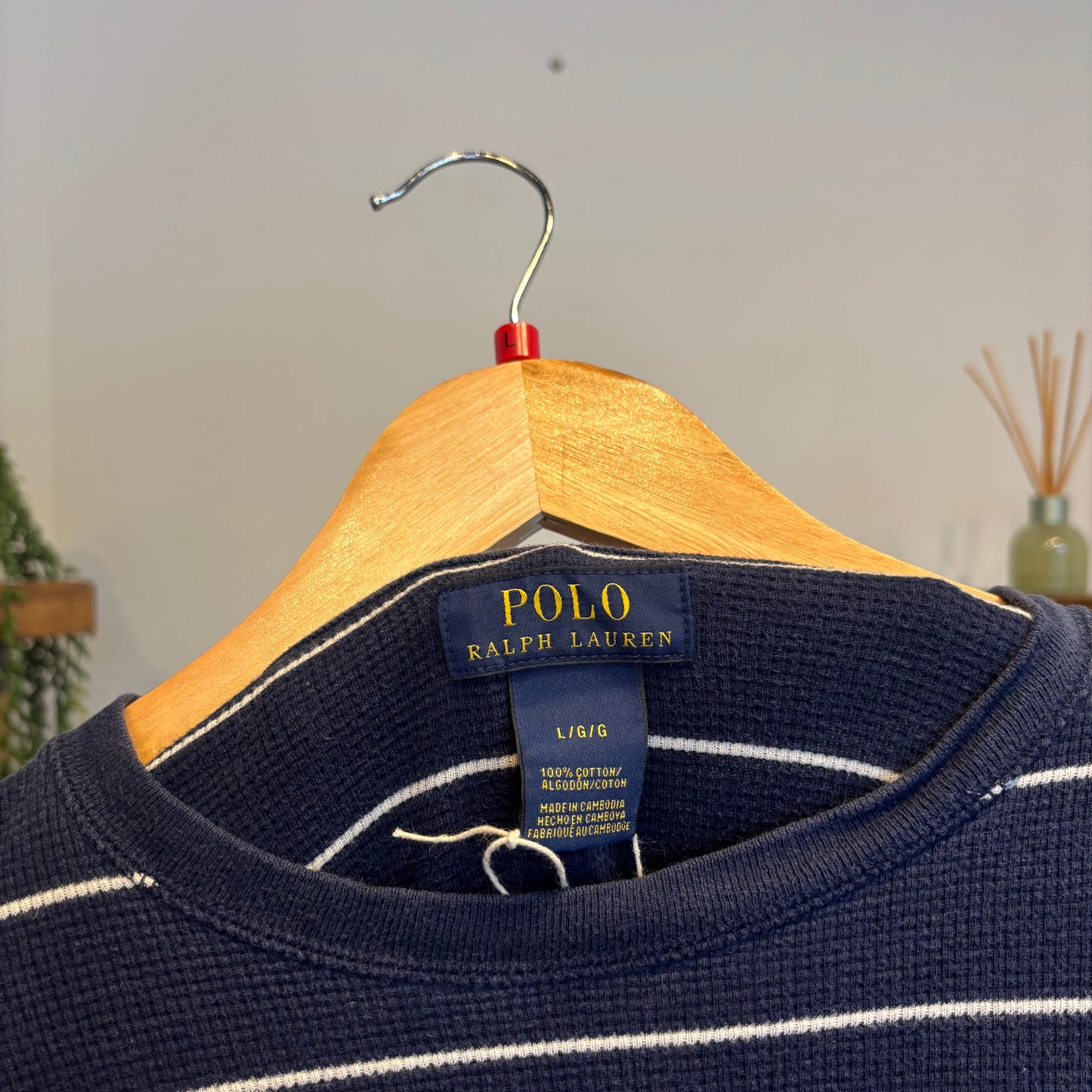 Ralph Lauren Stripe Longsleeve Waffle Knit Top Navy (Large)