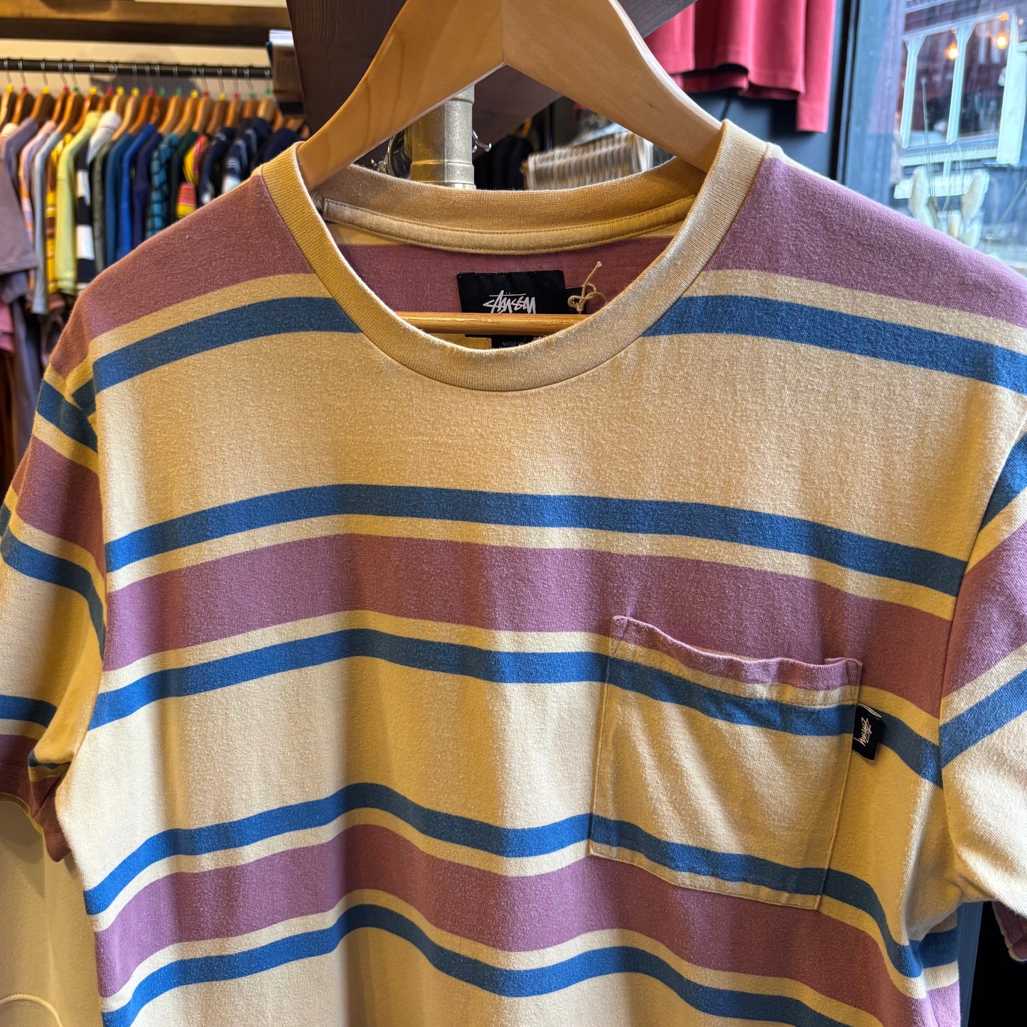 Stussy Bold Stripe Pocket T-Shirt Yellow (Small)
