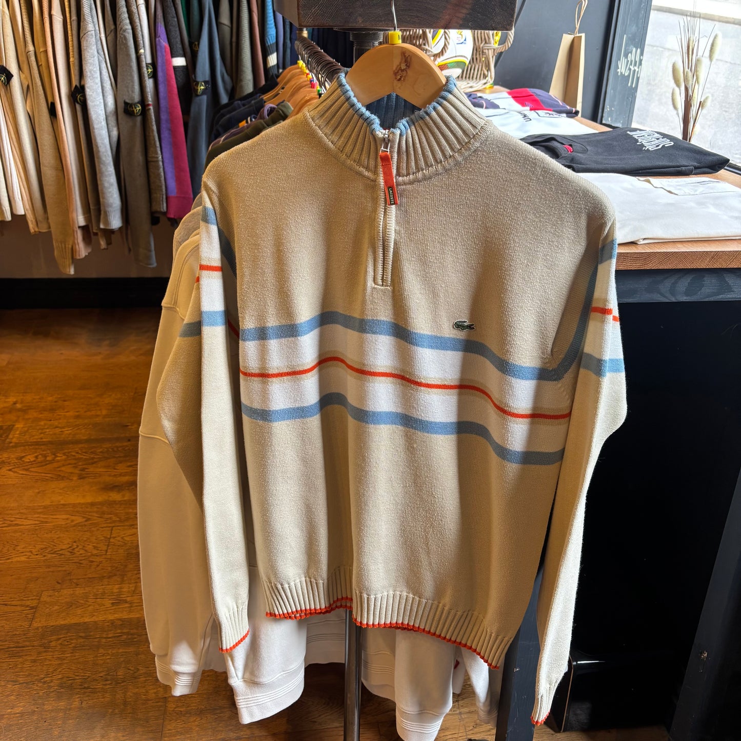 Lacoste Stripe Quarter Zip Knit Jumper Cream (Medium)