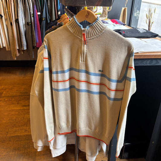 Lacoste Stripe Quarter Zip Knit Jumper Cream (Medium)