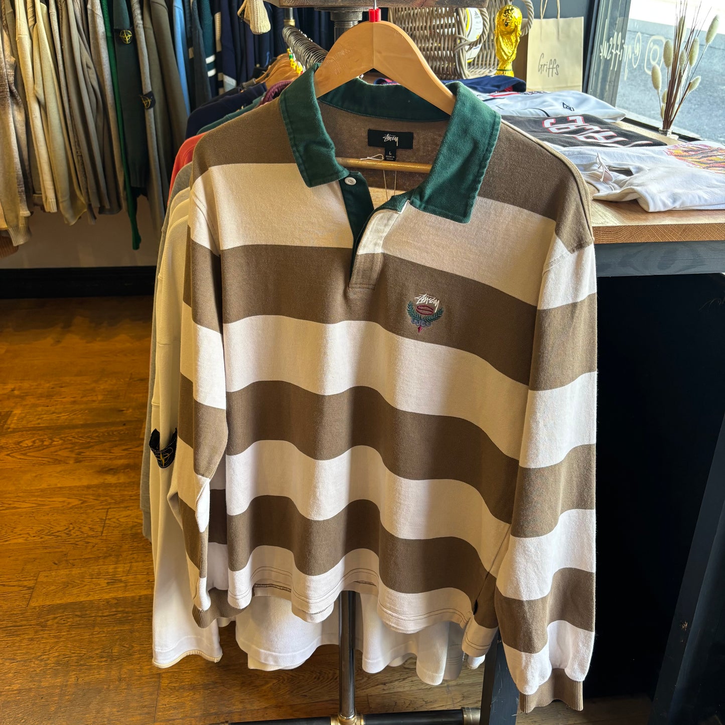 Stussy Big Stripe Longsleeve Rugby Polo Shirt Natural (Large)