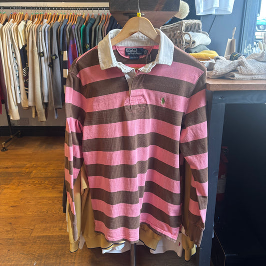 Ralph Lauren Stripe Rugby Polo Shirt Pink/ Green (Medium)