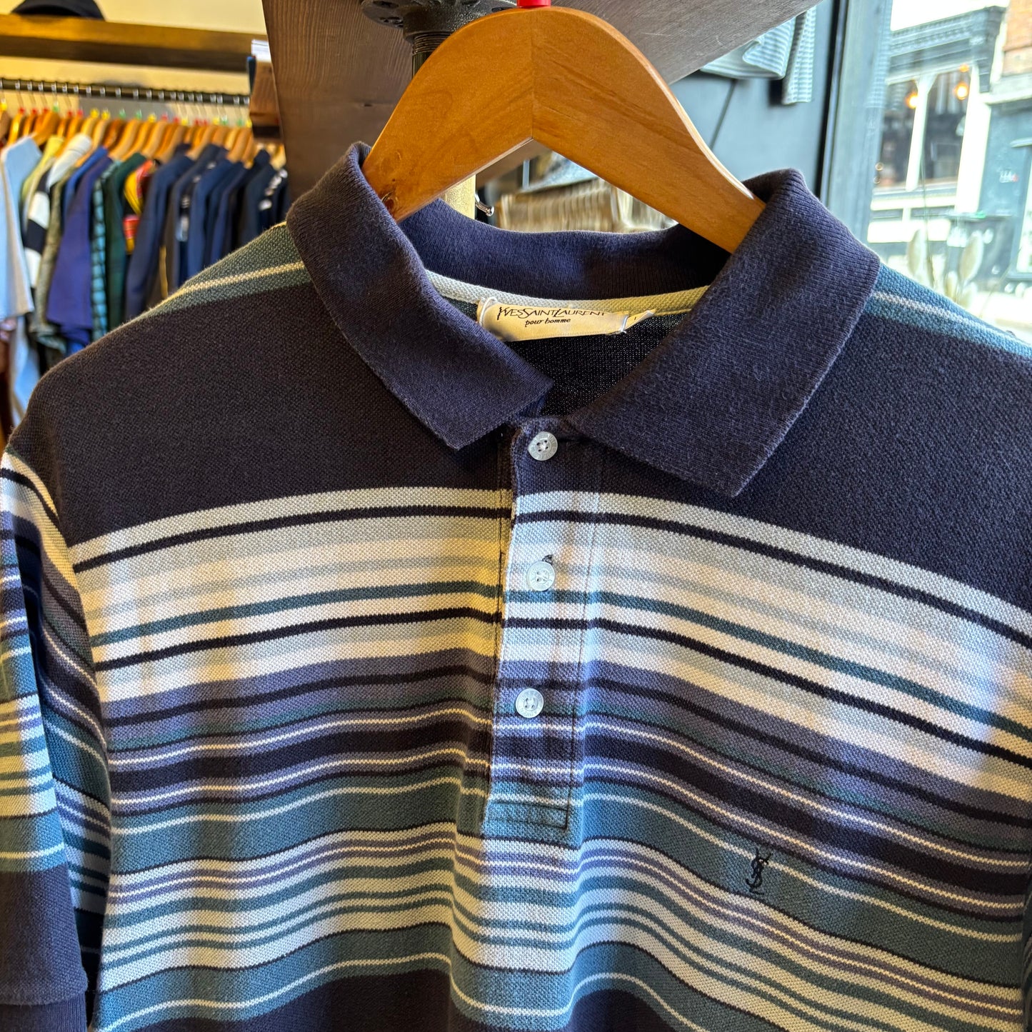 Yves Saint Laurent Mini Stripe Polo Shirt Blue (Large)
