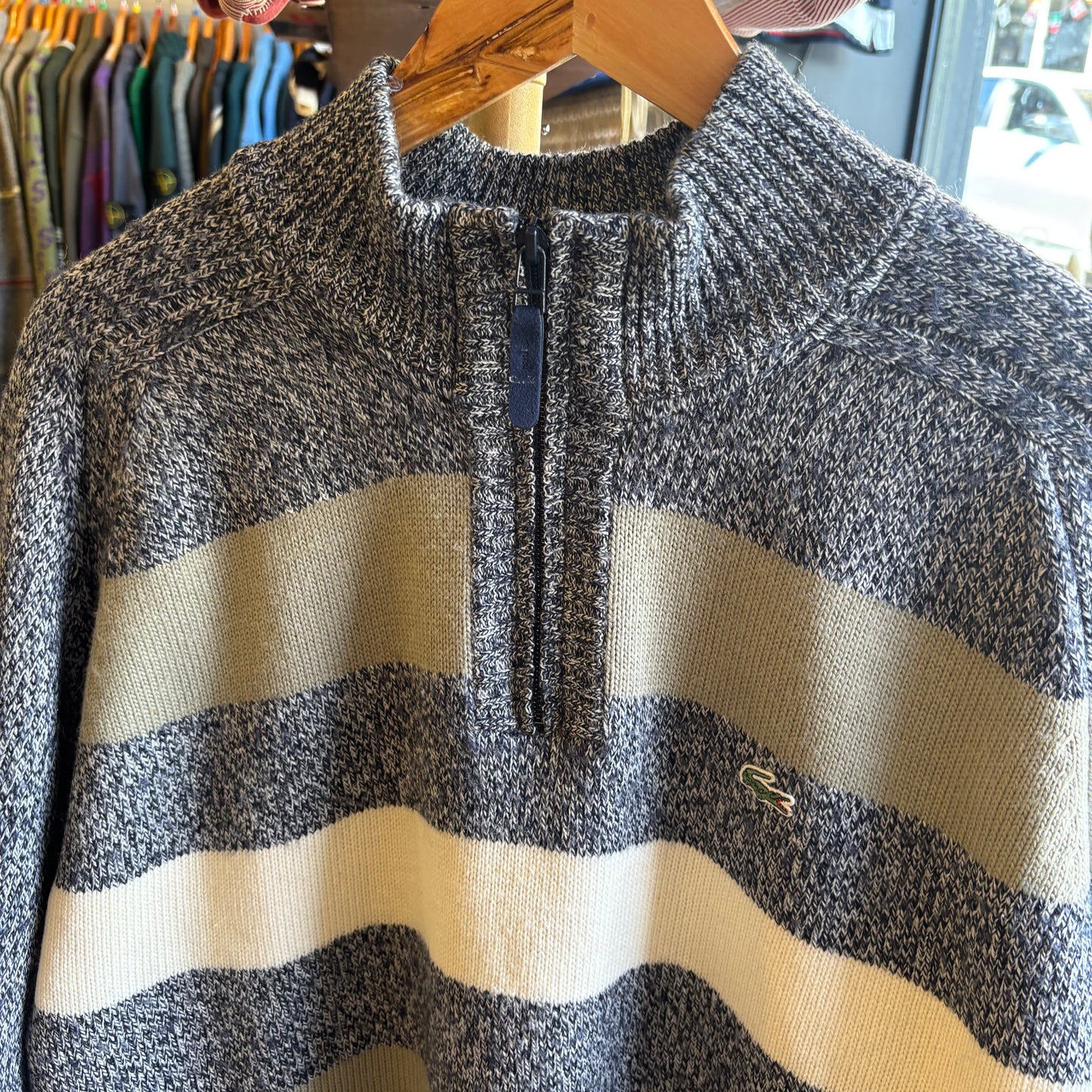 Lacoste Stripe Quarter Zip Knit Jumper Grey (Large)