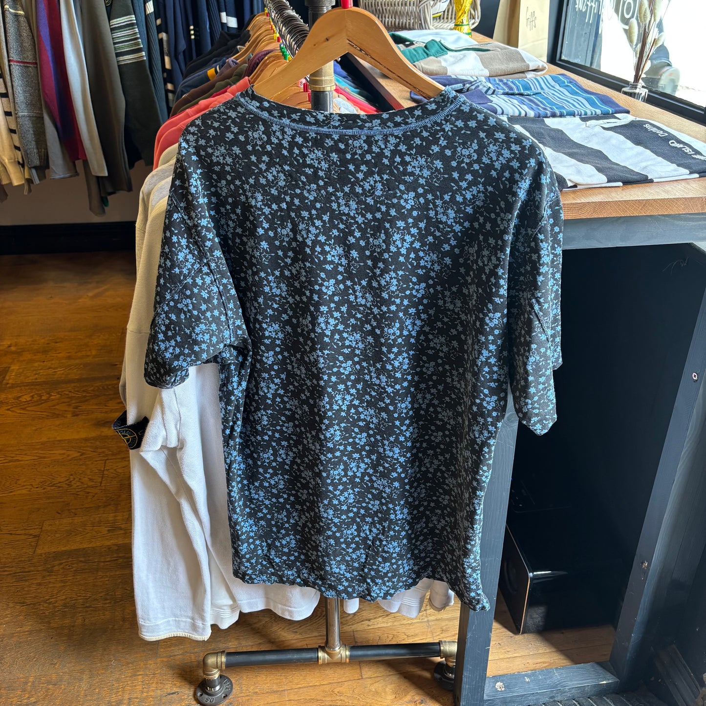 CP Company 80's Floral Henley T-Shirt Black/ Blue (Large)