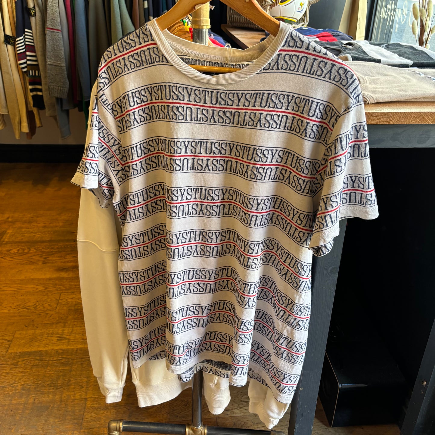 Stussy Stripe Crew Spellout T-Shirt White (Medium)